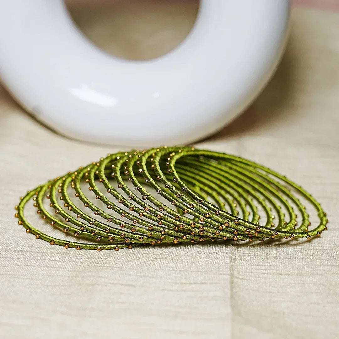 Metal Base with Premium Thread Work Bangles for Women & Girls (Pack of 12 Bangle) - The Golden Cascade